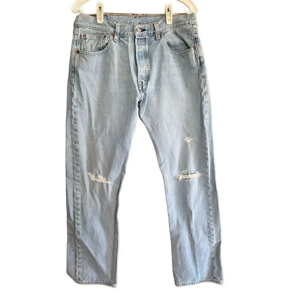 Levi's 501 Men's Blue Light Wash Distressed Straight Denim Jeans Size 32×30